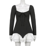 Zjkrl Patchwork Slim Ball Gown A-Line Dress Vintage Quare Collar Long Sleeve Mini Dresses For Women Elegant Fashion Lady