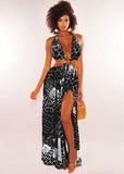 New Bohemian Beach Dress for Women Halter Deep V Neckline Print Party Gowns Side Split Sexy Vacation Dress