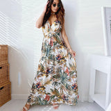 Zjkrl - Casual Loose Bohemian Beach Vacation Summer Midi Dress For Women Fashion Print Lace Up Sexy Backless Deep V-neck Maxi Dresses