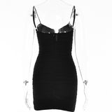 Spaghetti Strap Ruched Dress Women 2023 Spring Sexy Slim Elegant Clubwear Solid Sleeveless Backless Sheath Dress Female