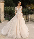 Zjkrl Long Sleeve Wedding Dresses Sexy V-neck Button Back Ball Gown Luxury Lace Vestido De Noiva Robe De Mariee Plus Size