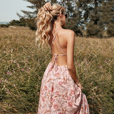Zjkrl Summer Retro Rayon Sling Dress Summer Waist Sleeveless Sexy Mid-length Pink Print Pullover Dresses