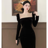Zjkrl - Black Elegant Evening Midi Dress Women Bodycon France Vintage Velvet Party Dress Ladies Korean Fashion Chic Dresses Autumn