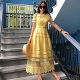 Summer 2023 Women Yellow Hollow Out Lace Party Dress Elegant Female Short Sleeve Casual Big Swing Long Beach Dresses Vestidos