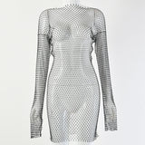 Zjkrl - Diamond Sexy Bodycon Dress Women Hollow Out Long Sleeve Mini Dress Summer See Through Party Vestidos Mujer Verano