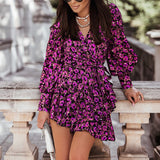 Zjkrl - Elegant Ruffles V Neck Red Long Lantern Sleeve Print Wrap Dress