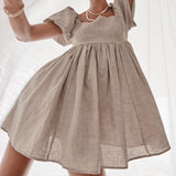 Vintage Casual Short Dress Summer Women Puff Sleeve A Line Dresses High Waist Square Collar Linen Ladies Dress Khaki