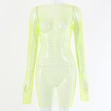 Zjkrl - Diamond Sexy Bodycon Dress Women Hollow Out Long Sleeve Mini Dress Summer See Through Party Vestidos Mujer Verano