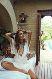 Zjkrl - 2023 Women's New Cotton Lace Dress Beach Style Sweet Summer Maxi Dress Solid V-neck Ankle Length Holiday Dress Ethnic Boho Dress
