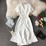 Summer 2023 New Women Vintage Ruffles Dress Casual Short-sleeved V-neck With Belt Dress Elegant Ladies Dresses Vestidos R343