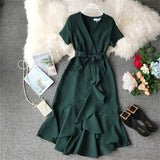 Summer 2023 New Women Vintage Ruffles Dress Casual Short-sleeved V-neck With Belt Dress Elegant Ladies Dresses Vestidos R343