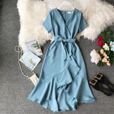 Summer 2023 New Women Vintage Ruffles Dress Casual Short-sleeved V-neck With Belt Dress Elegant Ladies Dresses Vestidos R343