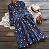 Zjkrl - Corduroy High Elastic Waist Vintage Dress Spring Autumn Women Full Sleeve Shirt Dress Floral Print Dresses Vestidos