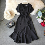 Summer 2023 New Women Vintage Ruffles Dress Casual Short-sleeved V-neck With Belt Dress Elegant Ladies Dresses Vestidos R343