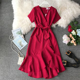 Summer 2023 New Women Vintage Ruffles Dress Casual Short-sleeved V-neck With Belt Dress Elegant Ladies Dresses Vestidos R343