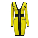 Zjkrl - Front Zippers Sexy V Neck Women Bandage Dress Patchwork Bodycon Mini Dresses Celebrity Party Club Sexy Full Sleeve Vestidos
