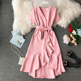 Summer 2023 New Women Vintage Ruffles Dress Casual Short-sleeved V-neck With Belt Dress Elegant Ladies Dresses Vestidos R343