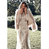 Zjkrl - 2023 Summer Women Long Party Dress Vintage Long Sleeve Floor Length Sexy Backless White Lace Maxi Dress