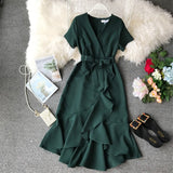 Summer 2023 New Women Vintage Ruffles Dress Casual Short-sleeved V-neck With Belt Dress Elegant Ladies Dresses Vestidos R343