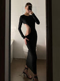 Zjkrl Fall Party Dresses For Women Sexy Black Cut Out Round Neck Long Dress Women Elegant Long Sleeve Club Party Spring Dresses Skinny Clothes