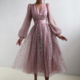 Zjkrl Sexy Women Lantern Sleeve V Neck Solid Maxi Dress Elegant Autumn Ladies Gauze Party Dress Fashion Femme Princess Dress Vestidos