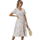 Zjkrl graduation outfit ideas 90s latina aesthetic freaknik fashion baseball game tomboy style swaggy going out classic edgy brunch cute White Floral Printing Summer Chiffon Beach Dress  Casual V-neck Short Sleeve A-line Women Midi Dresses Vestidos