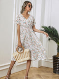 Zjkrl graduation outfit ideas 90s latina aesthetic freaknik fashion baseball game tomboy style swaggy going out classic edgy brunch cute White Floral Printing Summer Chiffon Beach Dress  Casual V-neck Short Sleeve A-line Women Midi Dresses Vestidos