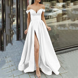 Zjkrl Summer Women Off Shoulder Strapless Club Party Dress Spring Elegant Slash Neck Backless Maxi Dress Short Sleeve Split Lady Dress
