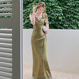 Zjkrl - Elegant Women Green Satin Backless Evening Dress Ladies Lace Bandage Vintage Jacquard Mixi Dresses Party Vestidos Summer Robe