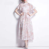 Zjkrl - 2023 Summer ZA Women&#39;s Dress Clothing Elegant Light Pink Petal Sleeve Print Drawstring Vintage Casual Party Dresses Traf