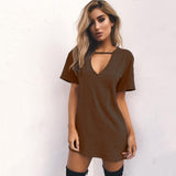 Sexy Women Deep V Neck Short sleeve Brown Mini Dress Nightwear Sleepwear Clubwear Party Loose Mini Dress