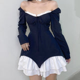 Zjkrl Patchwork Slim Ball Gown A-Line Dress Vintage Quare Collar Long Sleeve Mini Dresses For Women Elegant Fashion Lady