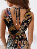 Zjkrl - Casual Loose Bohemian Beach Vacation Summer Midi Dress For Women Fashion Print Lace Up Sexy Backless Deep V-neck Maxi Dresses