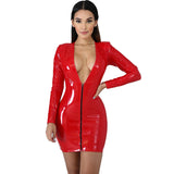 Zjkrl - 3XL Women Pencil Dress Bodycon Sexy Zipper V-neck Faux Leather Mini Dresses Long Sleeve Party Clubwear Latex Dress Vestido