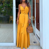 V Neck Button White Beach Dress Belt High Waist Casual Vintage Vestidos Summer Women Holiday A Line Sling Party Long Dress Femme