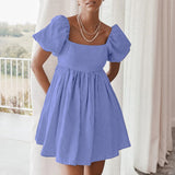 Vintage Casual Short Dress Summer Women Puff Sleeve A Line Dresses High Waist Square Collar Linen Ladies Dress Khaki