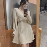 Zjkrl Atumn Knitted Dress Women Long Sleeve V-Neck Sexy Pure Color Elegant Sweater Mini Dress Female Party One Piece Dress Korean