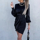Zjkrl - Elegant Satin Solid Autumn Mini Dress Fashion Half High Neck Pleated Party Dress Casual Long Sleeve Slim A-line Dresses Vestidos