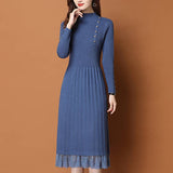 Zjkrl - Lace Hem Buttons Women Autumn Winter Sweater Knitted a line Dresses Ribbed Slim Elastic Long Sleeve Lady Bodycon Midi Dresses