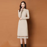 Zjkrl - Lace Hem Buttons Women Autumn Winter Sweater Knitted a line Dresses Ribbed Slim Elastic Long Sleeve Lady Bodycon Midi Dresses