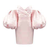 Zjkrl Puff Sleeves Trendy Pink Mini Dress Sexy Off Shoulder  Design Celebrity Party Club Satin Dresses Vestido