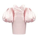 Zjkrl Puff Sleeves Trendy Pink Mini Dress Sexy Off Shoulder  Design Celebrity Party Club Satin Dresses Vestido