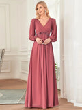 Zjkrl - Elegant Evening Dresses Long Lantern Sleeves V-neck 2023 ever pretty of A-LINE Chiffon Burgundy flower beltbelt Prom Dress Women