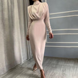 Zjkrl - Elegant Women Dress Stand Collar Slim Waist Solid Blue Ankle Length Autumn Long Sleeve Casual Party Dress Fashion