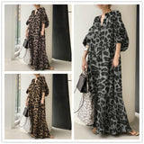 Zjkrl - Fashion Printed Maxi Dress Women's Leopard Sundress 2022 Spring Puff Sleeve Long Vestidos Female V Neck Robe Oversize