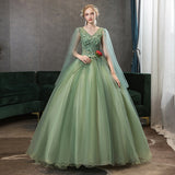 Zjkrl Quinceanera Dress Elelgant V-neck Green Party Prom Ball Gown Vintage Lace Embroidery Solo And Host Quinceanera Dresses