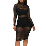 Zjkrl Solid Mesh See Through Design Ruched Dress With Lining Black Dresses black