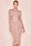 Zjkrl Bodycon Dress Rayon High Quality Turtleneck Long Sleeve Lace Up Bandage Dress Ribbed Knee-Length Sexy Vestidos Dobanmbd