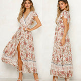 Zjkrl - Women Bohemian V Neck Summer Maxi Dress Butterfly Short Sleeve Floral High Split Long Dress Wrap High Waist Bandage Sundress