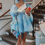Zjkrl Women Puff Sleeve Tulle Tutu Princess Dress Square Collar Mesh Ruffle Bubble Skirt Wedding Evening Party Prom Mini Fairy Dress